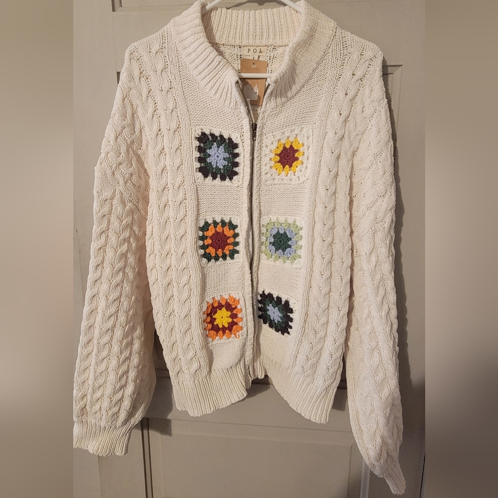NWT - POL Cream Jacket with Colorful Crochet Granny Squares, Size L - Picture 2 of 5